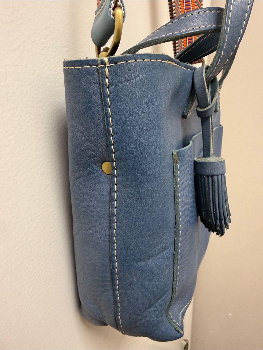 Portland small Leather Blue Leather Crossbody Bag with Tassel - Picture 6 of 14